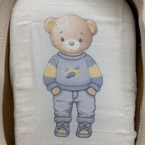 MUSSOLA IN GARZA 70X70 ORSO MAGLIONE MUSSOLA CIELO FIRST BABY 