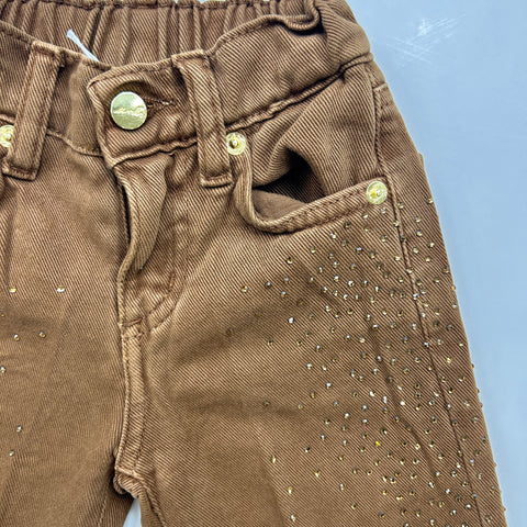 PANTALONE DRILL CON STRASS UE2357 MORO## U+é 