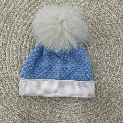 CAPPELLO IN LANA CON POM PON IN VOLPE IN5771 C CIELO MARLU 