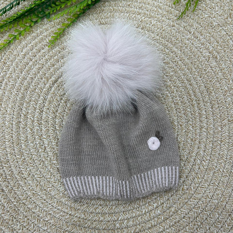 CAPPELLO IN LANA CON POM PON IN VOLPE IN1071 TORTORA/ROSA MARLU 