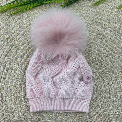 CAPPELLO IN LANA CON POM PON IN VOLPE IN2471 ROSA MARLU 