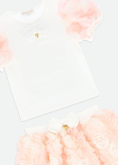 COMPLETO T-SHIRT E GONNA ROSE ROSES SET SNOWDROP/PINK ANGEL'S FACE 
