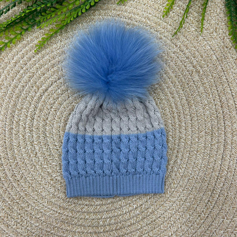CAPPELLO IN LANA CON POM PON IN VOLPE IN6871 CIELO/GRIGIO MARLU 