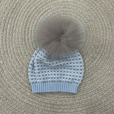 CAPPELLO IN LANA CON POM PON IN VOLPE IN5371 CIELO/TORTORA MARLU 