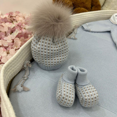 CAPPELLO IN LANA CON POM PON IN VOLPE IN5371 CIELO/TORTORA MARLU 
